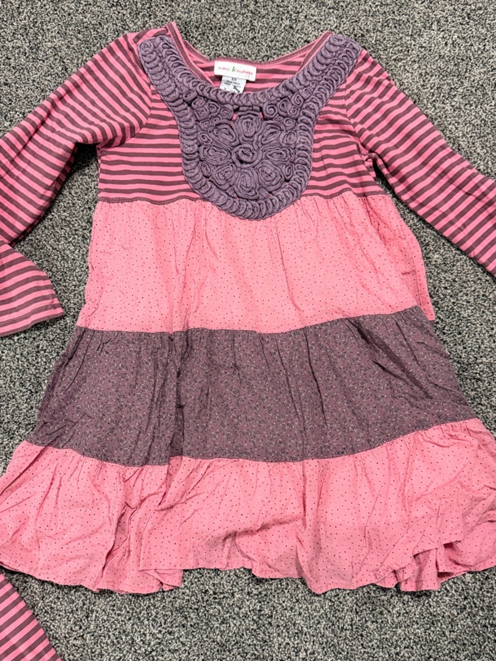 Mimi & Maggie Pink and Purple Striped Tiered Dress with Rosette Bib and Leggings